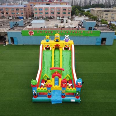 China Plato PVC Tarpaulin Slide Products Giant Inflatable Dry Castle 3D Small Subordinate And Upset Bird Alleys Awesome Three Slides for sale