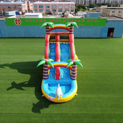 China Commercial Plato PVC Tarpaulin Water Slide Adults Kids Inflatable Palm Tree Slide With Pool for sale