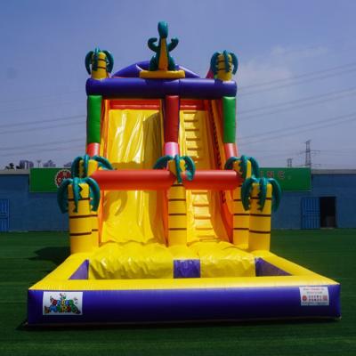 China Tropical Jungle Wood Adult Size Inflatable Water Slide With Pool Attached for sale