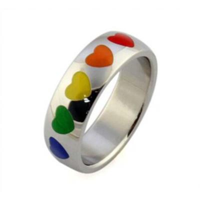 China Rainbow Ring Stainless Steel Rubber Heart Ring Gay and Lesbian LGBT Pride Wedding Band Jewelry for sale