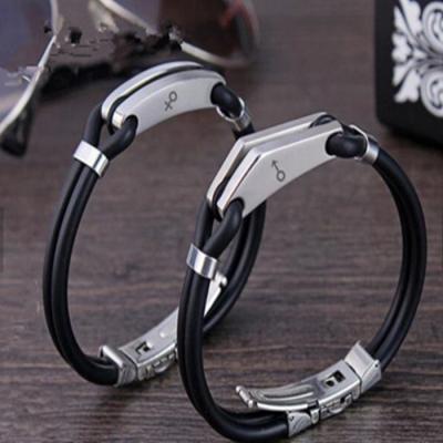 China Unique Couples Love Bracelet Stainless Steel Silicone Rubber Black Wristband for sale