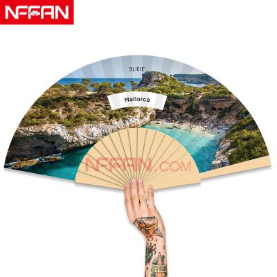 China China Custom Printed Antique Hand Promotion Cloth Wooden Hand Fan For Gifts for sale