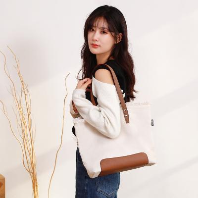 China Simple Korean Fashionable Handled Style PU Handle Large Capacity Shoulder Tote Bag Canvas Single Shopping Bag for sale