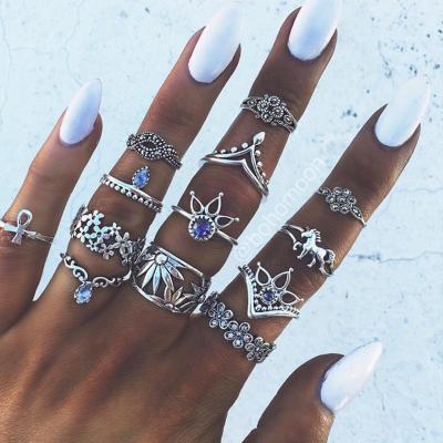 China New Arrival Wholesale 13Pcs/set Vintage Silver Plated Finger Ring Sets Crystal Ring Set Charm Exquisite Elegant for sale