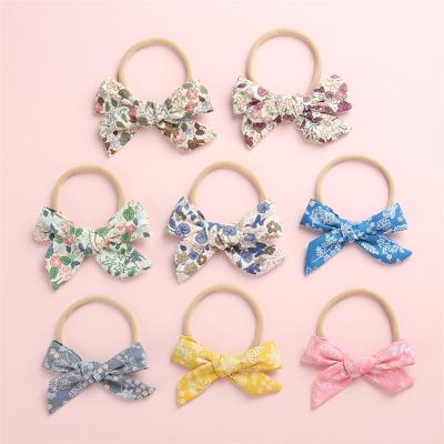 China Factory Direct Cute Babies Cotton Bows Nylon Headbands, Newborn Girls Floral Printing Toddler Nylon Hair Bands for sale