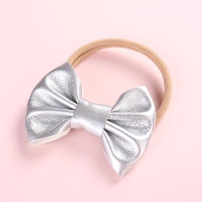 China Toddler Girls Head To Wear Hot Sale Faux PU Faux Bows Hairbands Children Kids Knotbow Leather Nylon Hairbands Girls Soft Elastic Hair Accessories for sale