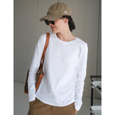 China New Arrival Simple Solid Color Anti-wrinkle Round Neck Long Sleeve Basic T-shirt Pure Cotton T-shirt Women for sale