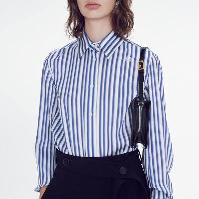 China Anti-pilling 2022 OEM Branded Elegant Korean fashion blue and white women pure cotton blouse for sale