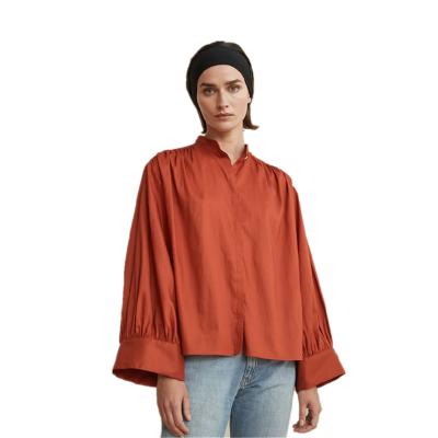 China 2022 European and American Cotton Lyocell Sleeve Lantern Fashion Women's Vintage Red Anti-Wrinkle Blouse for sale