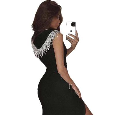 China 2022 Anti-Static Hot Selling Crystal Tassel Mini Sling Split V-Neck Bandage Party Club Dresses for sale