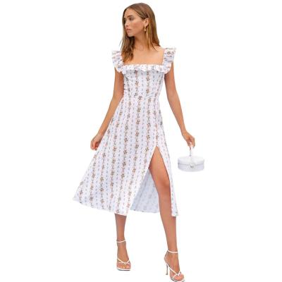 China Good quality anti-static canvas ruffle factory dress summer floral sleeveless casual dress long for sale