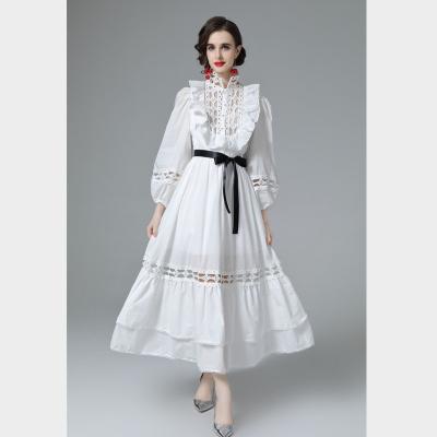 China Lady Elegant Anti-Static Ruffle Collar Hollow Out A Line Black White Women's Casual Dress Pink for sale