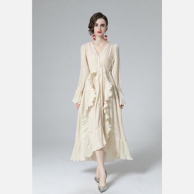 China 2022 Anti-static Warm Ruffle Edge Quicksand Pleat Chat Elegant Women Casual Dress for sale