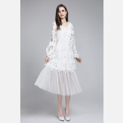 China 2022 Anti-Static Fashionable Tulle Skirt Long Sleeves Hollow Embroidered Elegant Office Women Casual Dress for sale