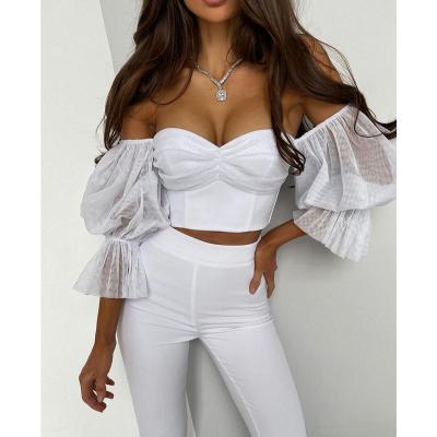 China QUICK DRY fashion bubble sleeves sexy white strapless stretch pants causal bandage swap two-piece suit for sale