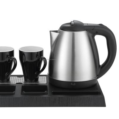 China 360 Degree Rotating Base Hotel Guest Room Services Tea Set 1.2L Stainless Steel Kettle With Ceramic Cups for sale