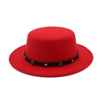 China Wholesale Decorated Plush Woolen Flat Felt Fedora Flat Top Formal Hat for sale