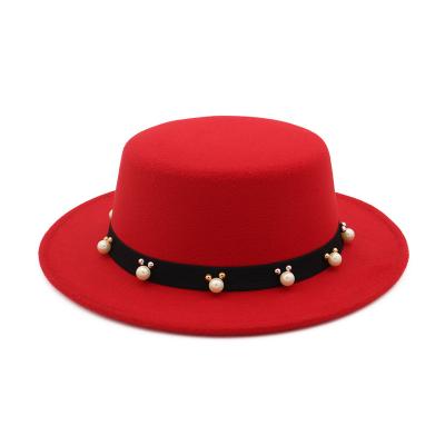 China Plush Pearl Decorated Wide Brim Flat Felt Fedora Top Hat for sale