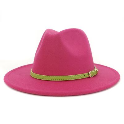 China Plush Amazon Wholesale Hot Sale Wide Brim Faux Wool Felt Fedora Men With Thin Ton Ton Belt for sale