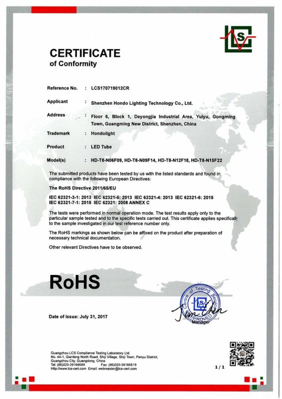 RoHS - Shenzhen Hondo Lighting Technology Co., Limited