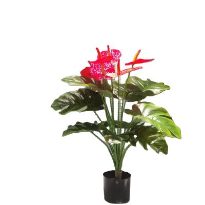 China YD29262 Yiwu Contemporary Wholesale 70cm Artificial Tropical Bonsai Tree Plants Potted Leaf Plastic Green Red Fake Flower Home Decor for sale