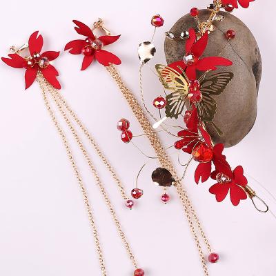 China Chinese bridal red hair accessories wedding dress gold butterfly earrings and crystal red headwear headwear set for sale