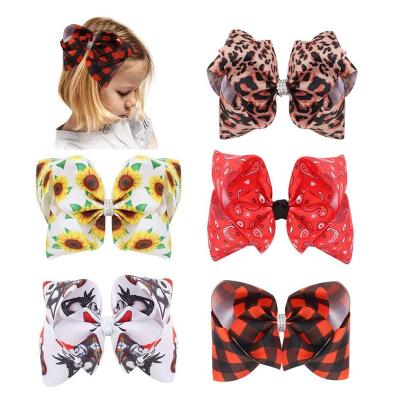 China 6.5 Inch Fabric Flower Printed Ribbon Hair Bows For Girls Hairbows Kids Leopard Hair Accessories for sale