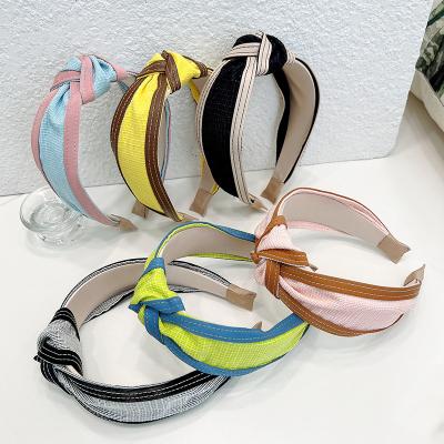 China Ladies Korean Checked Leather Overlocked Hair Decoration Cloth PU Knotted Cute Wide Edge Headbands Colorful Hair Circle Girl Cloth Headbands for sale