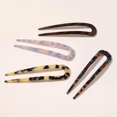 China Hair Sculpting Korean Colorful U Shape Hairpin Girl Fashion Hairpins Marbling Tortoiseshell Acetate Hairpin Fork Accessories For Hair Bun for sale