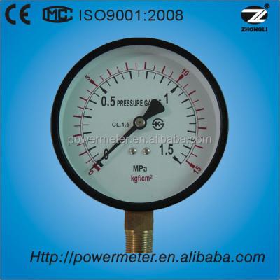 China CL1.5 100mm standard general bourdon tube pressure gauge with Y-100 dual scale 1.5Mpa or15kgf/cm2 for sale