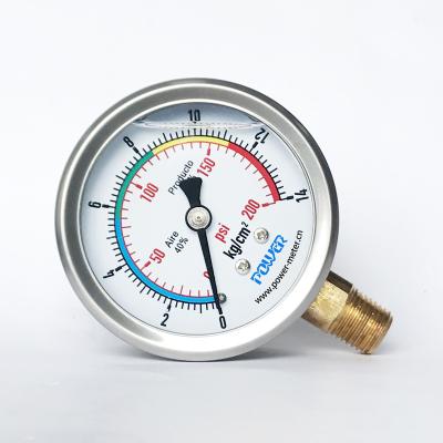 China 2.5inch/63mm Dial Size Dual 2.5inch (63mm) Scale 14kg/cm2 200psi Silicone Oil Pressure Gauge for sale