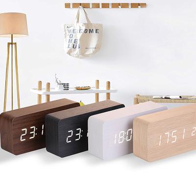 China Antique Style Synchronize Voice Control Wood Table Watch LED Alarm Clock Digital Despertador Wooden Electronic Desk Decor for sale