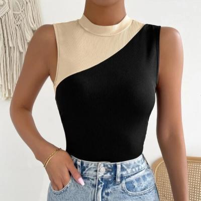 China Hot Factory Price Women's Tone Stand Collar Tank Tops Two Tone Rib-knit T-shirt Bulk Sale Polyester Sleeveless Tank Tops for sale