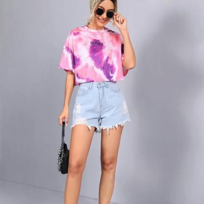 China Hot Sale QUICK DRY Multicolor Honey Graphic Crop Tops Women's Link Dye Drop Sleeve O-Neck T-Shirt Half Shoulder Oversized Tee for sale