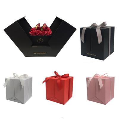 China Recycled Materials Double Door Flower Box Roses Valentine's Day Gift Paper Box With Ribbon for sale