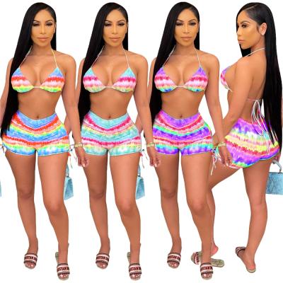 China New 2021 Fashionable Breathable Tie Dye Luxury Beachwear Thong Bikini Swimwear Set for sale