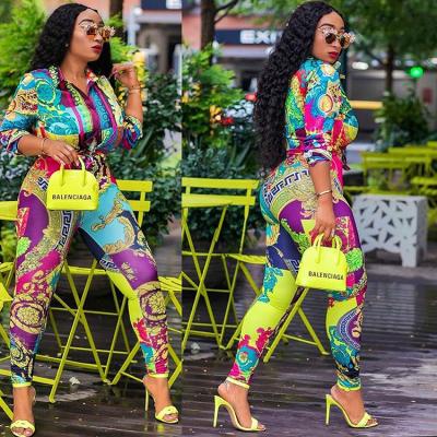 China 2021 new hot sale QUICK DRY style W floral printed shirt&skinny pants women two piece set multicolor set for sale