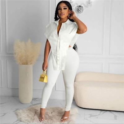 China Anti-wrinkle Fashion Ladies Street Teams Summer Irregular Women Shirt Pants Sleeveless Split Two Piece Set for sale