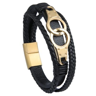 China FASHIONABLE Love Promise Stainless Steel Handcuffs Leather Magnetic Bracelet Couple Bracelets for sale