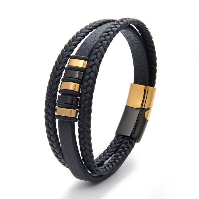 China FASHIONABLE Classic Style Men Multi Layers Braided Stainless Steel Leather Bracelets With Magnetic Buckle for sale