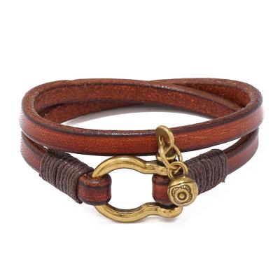 China Retro Vintage Jewelry Gift Brown Color Leather Band Bracelets With Calfskin Clasp for sale