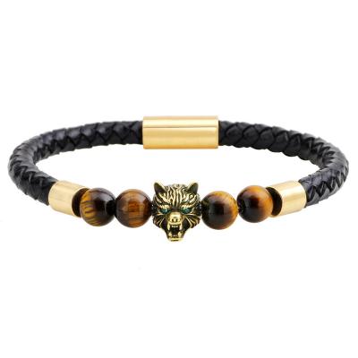 China Fashion TRENDY Jewelry Magnetic Clasp Braided Tiger Eye Leather Bracelet With Beads Charm for sale