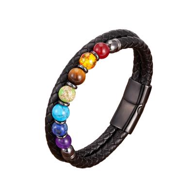 China Wholesale Price TRENDY Double Row Leather Chakra Bracelet With Magnetic Buckle for sale