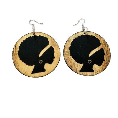 China FASHIONABLE Girl Pattern African American Retro Style Wooden Laser Disc Earring 60mm for sale