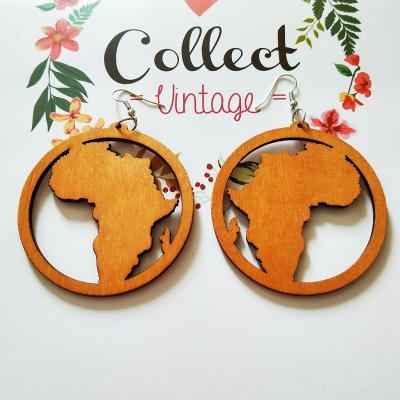 China TRENDY Women Dangle Round Wooden African Map Earrings DIY Pendant Club Gifts for sale