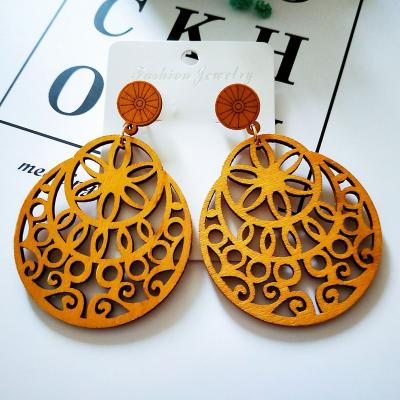 China TRENDY African Jewelry Women Flower Pattern Teardrop Earrings Wooden Studs for sale