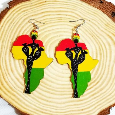 China TRENDY Drop Afrocentric Women Printing Africa Map Wooden Earring For Blacks Gifts for sale