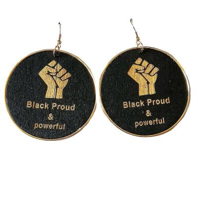 China New FASHIONABLE Dangle Proud Power Pendant Black Power Words Printed Wooden Fist Earrings for sale