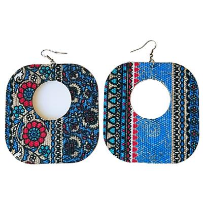 China FASHIONABLE African Designs Jewelry Afrocentric Art Square Fabric Design Wood Ethnic Earrings for sale