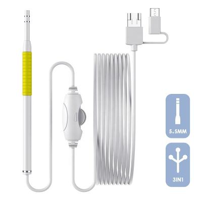 China Waterproof/AN102 Earpick Endoscope Camera 3in1 USB Type-C Micro Medical New 5.5mm Lens Ear Wax Inspection Remover Waterproof Otoscope for sale